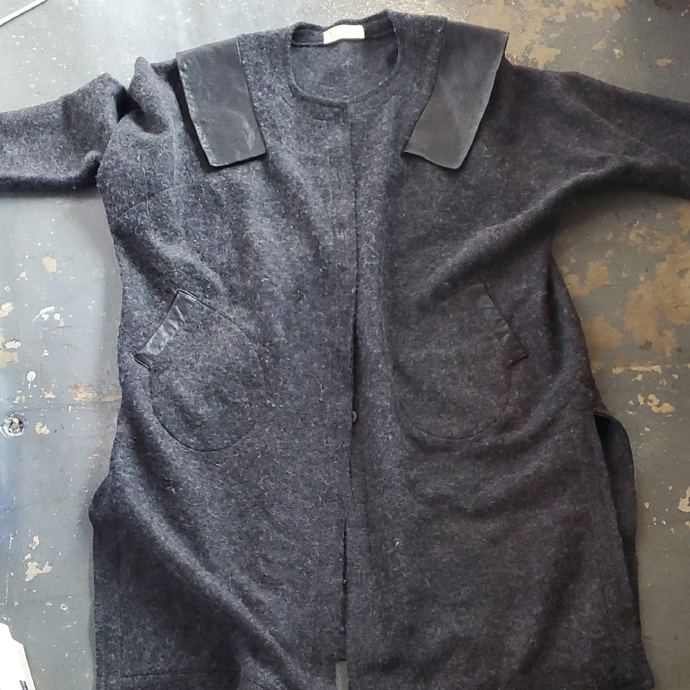 Ann Everett Charcoal Wool Coat with Black Leather Details
